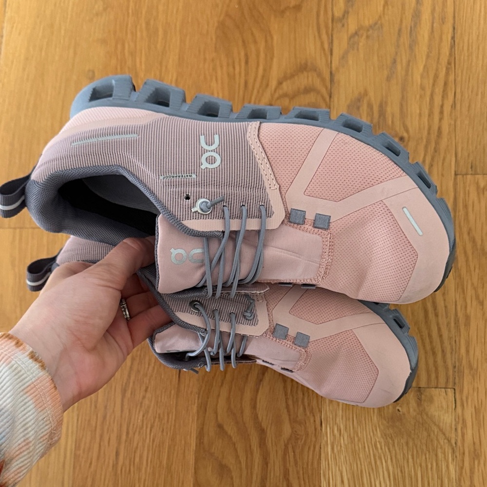 On Running Pink and Gray Athletic Shoes